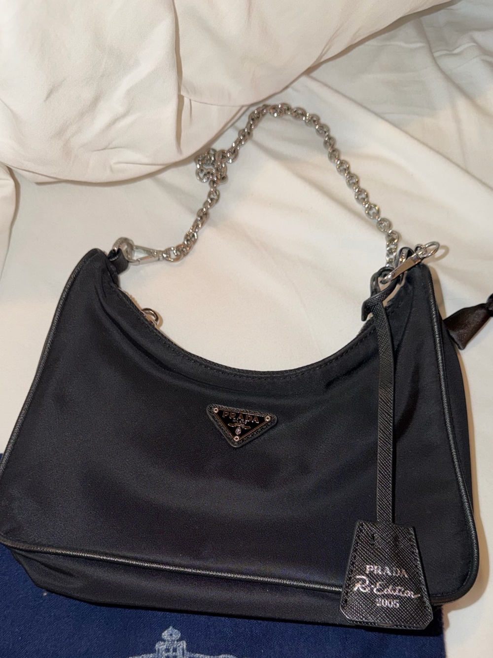 Prada Black Nylon Shoulder Bag with Silver Chain Strap